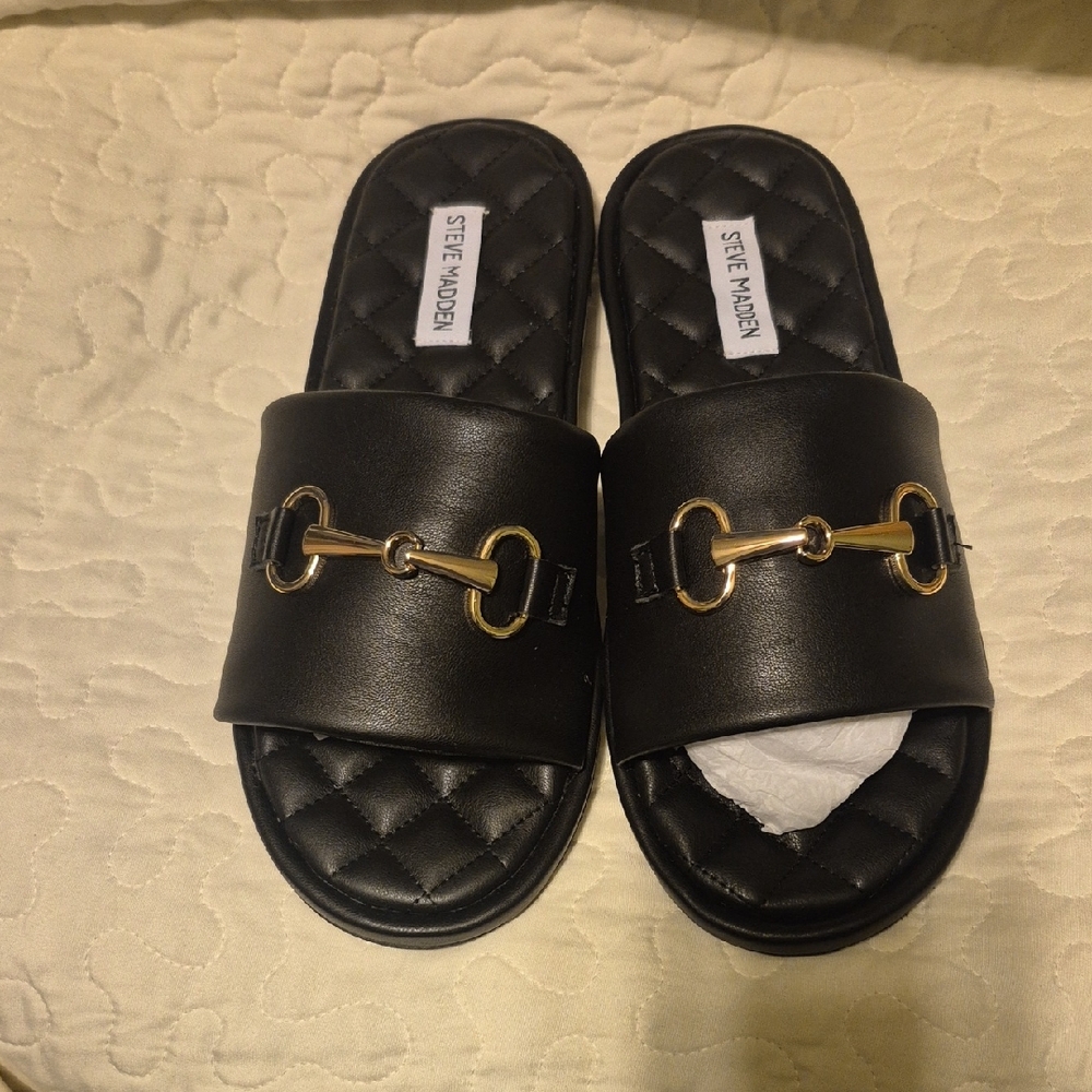 Steve Madden Black Slides with Gold Buckle
